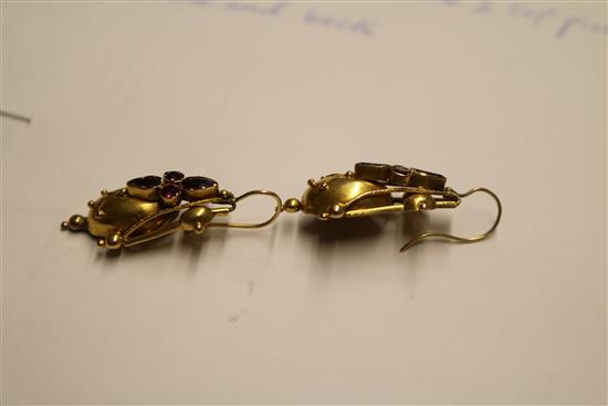 A pair of Victorian yellow metal and garnet set tapered earrings, overall incl. wire 40mm.